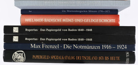 Konvolut von sieben Büchern, Ende 20. Jahrhundert, darunter eine Dublette, mit Schwerpunkt auf der Region Baden, v.a. Münzen, Not- und Papiergeld, z.B...