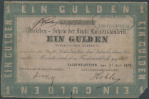 Kaiserslautern (Pfalz), Stadt 1870, 1 Gulden 31.7.1870, mit Farbstempel "Eisenwerk Kaiserslautern". A576/ S-, Grab./Kranz 75, Fehlstück rechte Ecke un...