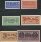 Behelfszahlungsmittel der Wehrmacht, 6 Scheine zu 1, 5, 10 u. 50 Reichspfg. und 1 u. 2 Reichsmark o.D. und o. KN., Grab. DWM 2-7, Ro. 501-506, Erh I.u...
