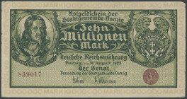 Danzig, Senat, 10 Mio. Mark 31.8.1923, Wz Tropfen ohne Ser. Bst. mit Einrissen und Knicken, nur 1x vertikal gefaltet. IV / F
