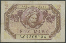 Saar, 2 Mark 1947, Ser A/ Nr. 09588736. Ro. 868, Pick 4, unsaberes Papier, mehrere Falten, keine Einrisse, gebraucht, sehr selten, III-/ VF.