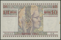 Saar, 10 Mark 1947, Ser. Bstb. U8, kl. Rostflecken, Ro. 870, Pick 6, II-III/ XF-VF.