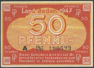 Deutschland, FBZ-Baden, Staatsschuldenverwaltung 1947, 3 Noten: 5, 10 und 50 Pfennig 1947, Ro. 208b, 209d, 210, alle Ser. A, Erh II.