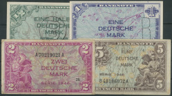 Set, 4 St. 1/2 DM 1948 mit B- Stempel und 1 DM 1948 mit B-Perforation (I); 2 DM 1948 Ser. A/A und 5 DM 1948 Ser. B/A (III) Ro. 231a, 232b, 234a, 236a.