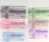 Forum Außenhandelsgesellschaft 1979, Lot Forumschecks mit Standardnoten, 31 St. mit Dubletten: 50 Pf., 1, 5, 10, 50 und 500 Mark 1979, kassenfrisch/un...