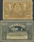 Dänemark, 100 Kroner 1940 Ser. B (III) Pick 33c und 500 Kroner 1941 Ser. A (III-IV) Pick 34b.