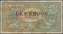 Estland, 1 Kroon o. D (1928), roter Überdruck auf 100 Marka von 1923., Ser. A 12824483, P-61a, IV/ F.