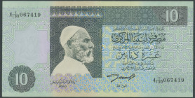 Libyen, Central Bank of Libya, 7 St.: 1/2 Dinar (3x) o. D. (1981) P-43a, I; 10 Dinar. o. D (1984) Pick 51, II; 5 Dinar o. D (1991) Pick 55, II; 1 Dina...