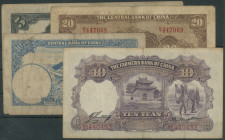 China, Republik, Lot, 4 St.: The Central Bank, 5 Gold Units Shanghai 1930 (P326d), 20 Yuan 1941 (P-240c); Central Bank, 10 Yuan 1942 ( P-245a); The Fa...