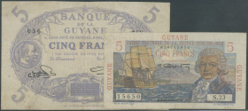 Französisch Guyana, 2 Noten: 5 Francs L.1901 (1947) Sign. M. Buy, Pick 1e (III-IV) 5 Francs o. D. ( 1947-49)Bougainville Pick 19a. (III-IV) beide mit ...