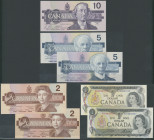 Kanada, Bank of Canada, 7 St.: 2x1 Dollar 1973, P-85c; 2c 2 Dollar 1986, P-94a, b; 2x 5 Dollar 1986 Pick 95a2c blauer Plattennummer; 10 Dollars 1989 P...