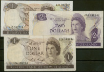 Neuseeland, Reserve Bank, 3 St.:1 und 2 Dollars o. d ( 1975-77) Pick 163c, 164c (III); 1 Dollar o. D ( 1985-89) Pick 169b (I).
