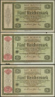 Konversationskasse 3 Noten: 5 Reichsmark 28.8.1933 mit Heftlöchern ohne Perforation Ser E,Ro. 700b (I-II); 2x 5 Reichsmark 28.8.1933 (1934) zus. rote ...