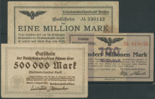 Reichsbahndirektion, Lot von 9 Scheine: Altona/ 500 Tsd. Mark 8.8.23; Breslau/1 Mio. Mark 15.8.23; 100 Mio. Mark 27.9.23; Berlin 10 Mio. Mark 2.9.23; ...