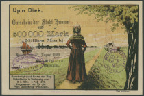 Husum (Schleswig-Holstein), Stadt, 500 Tsd. Mark 15. 8.1923, Überdruck auf Lotterielos, 9 Scheine. Keller 2473a, Erh. I (1x), Erh II (3x), und Erh. II...