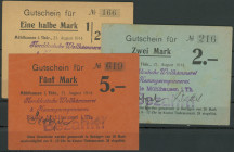 Mülhausen i. Thüringen ( Sachsen) Norddeutsche Wollkämerei & Kammgarnspinnerei, Filiale Mühlhausen i. Th. : 1/ 2, 2 und 5 Mark 21.8.1914. Dießner 246....