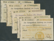 Radeburg (SH), Stadtrat, gedruckte GSG-Schecks auf Stadtgirokasse Radeburg: 100 Tsd., 1-100 Mill. Mark 21.8.1923, 1 Mrd. Mark 22.10.23 (Rs. Stempel Gi...
