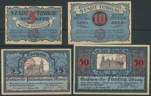 Torgau (PrS/S) Stadt, 5, 10, 20 und 50 Pfennig 10.2.1921 (1922) mit rotem Rundstpl. " Dachdecker-Verbandstag 22./24. 1.1922". selten, I / unc