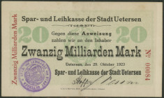Uetersen (SH), Spar- und Leihkasse der Stadt Uetersen, Anweisungen zu 10 Mrd. Mark 24.10.23 und 20 Mrd. Mark 29.10.23., mit Druckfirma. Keller 5272 g,...