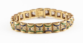 Email Saphir Armband, 750 Gelbgold, Italien 20.Jh., 23 altschliff Saphire, Steckschließe mit Sicherheitsacht, Länge 18 cm, Breite 1 cm, ca. 26,73 g.