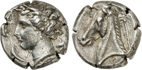 ZEUGITANE
Carthage, monnaies Siculo-puniques (320-300) : Tétradrachme à la tête d'Aréthuse couronnée de roseaux à gauche, entourée de 4 dauphins - R/...