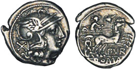 RÉPUBLIQUE (-280/-41)
Anonymes (-165/-157) : Denier à la tête casquée de Rome à droite - R/: La Lune sur un bige à droite, ROMA en exergue
 - TTB 40...