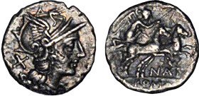RÉPUBLIQUE (-280/-41)
Anonymes (-157/-155) : Denier à la tête casquée de Rome à droite - R/: La Victoire sur un bige à droite, ROMA en exergue
 - TT...