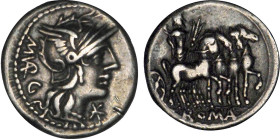 RÉPUBLIQUE (-280/-41)
M. Vargunteius (-130) : Denier à la tête casquée de Rome à droite -R/: Jupiter sur un quadrige au pas à droite
 - TTB 45 (TTB+...