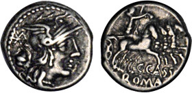 RÉPUBLIQUE (-280/-41)
C. Cassius (-126) : Denier à la tête casquée de Rome à droite - R/: La Liberté sur un quadrige à droite, tenant un bonnet & une...