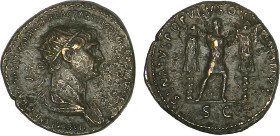 TRAJAN (98-117)
Dupondius : Trajan marchant à droite entre 2 trophées, regardant à gauche & tenant une haste
 - TTB 35 (TTB)
Assez Rare ! - oxydati...