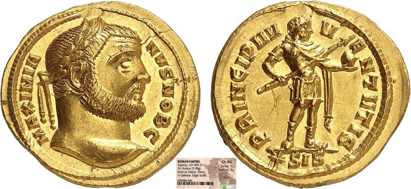 GALÈRE MAXIMIEN, César (293-305)
Aureus : Galère en tenue militaire debout à dr...