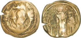 ANDRONIC II & MICHEL IX (1295-1320)
Hyperpère : La Vierge entourée des remparts de la ville - R/: Andronic & Michel agenouillés autour du Christ debo...
