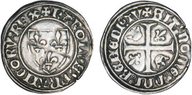 CHARLES VI le Bien aimé (1380-1422)
Blanc dit guénar, 2e émission
 - TTB 40 (TTB+)
Point 17e : St Quentin, nettoyé


D 377a
SAINT QUENTIN - ARG...