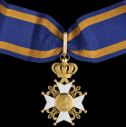 Netherlands, Order of the Netherlands Lion, Commander’s neck badge, in gold and enamels, width 49.5mm, with old neck riband, cracks to reverse, otherw...