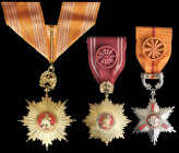 South Korea, Order of Military Merit, Second Class neck badge (Ulchi), in silver-gilt and red enamel, width 59mm; Fourth Class breast badge (Hwarang),...