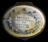 A ‘Nelson Interest’ Bilston Enamel Snuff or Patch-Box, c.1800, of oval form, enamel on copper, white enamelled lid bearing the words ‘British Gratitud...