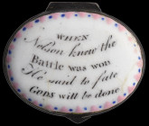 A ‘Battle of Trafalgar’ and ‘Nelson Interest’ Bilston Enamel Snuff or Patch-Box, c.1805, of oval form, enamel on copper, white enamelled lid bearing t...