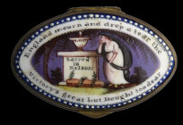 A ‘Battle of Trafalgar’ and ‘Nelson Interest’ Bilston Enamel Snuff or Patch-Box, c.1805, of oval form, enamel on copper, enamelled lid bearing a mourn...