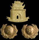 1st China (Wei Hai Wei) Regiment, other ranks pagri badge, in brass, 45mm. together with Border Regiment “CHINA” cap badges (2), in bronze, width 33.5...
