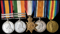 A Second Boer War and Great War Group of 5 awarded to Corporal F.W. Smith, who served with the 16th (The Queen’s) Lancers from 1899-1902, the Natal Li...