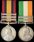 A Second Boer War Pair awarded to Private G. White, East Yorkshire Regiment, comprising: Queen’s South Africa, 1899-1902, second type reverse with gho...