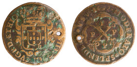 D.Pedro II - X Réis 1697 PPPP
D.Pedro II - X Réis 1697 PPPP, A.G:02,04 com furo, BC+, 7,10gr, Copper