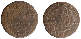 Angola - D.Pedro II - XX Réis 1698 PPPP
Angola - D.Pedro II - XX Réis 1698 PPPP, A.G::03.06, MBC-, 14,58gr, Copper