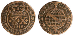 Angola D.João V - XX Réis 1719
Angola D.João V - XX Réis 1719, A.G:05.07, MBC-, 13,64r, Copper