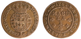 Angola D.José I - 1/4. Macuta 1762
Angola D.José I - 1/4. Macuta 1762, A.G:06.01, MBC, 8,82gr, Copper