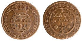 Angola D.José I - 1/4 Macuta 1763
Angola D.José I - 1/4 Macuta 1763, "GUINE" at anverse, A.G:06.02, MBC, 9,85gr, Copper
