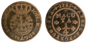 Angola D.José I - 1/4 Macuta 1763
Angola D.José I - 1/4 Macuta 1763, "GUINEAE" at anverse, A.G:06.03, MBC, 7,91gr, Cobre