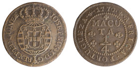 Angola D.José I - 1/4 Macuta 1770
Angola D.José I - 1/4 Macuta 1770, A.G::06.05, MBC, 9,82gr, Copper