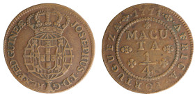 Angola D.José I - 1/4 Macuta 1771
Angola D.José I - 1/4 Macuta 1771, MBC+, A.G:06.06, 9,25gr, Copper