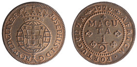 Angola D.José I - 1/2 Macuta 1770
Angola D.José I - 1/2 Macuta 1770, Bela, Rare in this condition, A.GG:07.03, 18,46gr, Copper